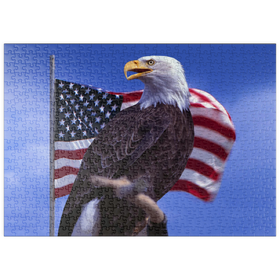 Darstellung des Puzzle-Motivs Weißkopfseeadler vor Amerikanischer Flagge, USA – Puzzleteile: 500