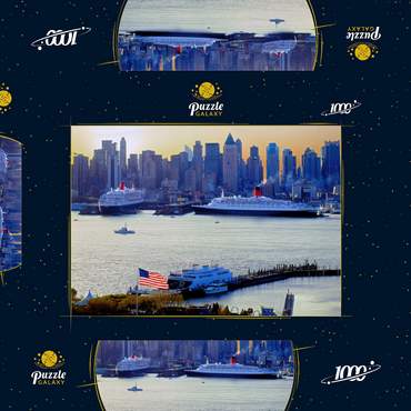 Transatlantikliner Queen Mary 2 und Queen Elizabeth 2 im Hafen am Hudson River, Manhattan, New York City, New York, USA 1000 Puzzle Schachtel 3D Modell