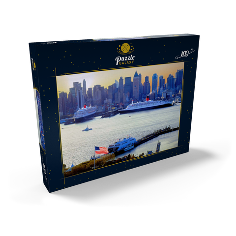 Transatlantikliner Queen Mary 2 und Queen Elizabeth 2 im Hafen am Hudson River, Manhattan, New York City, New York, USA 100 Puzzle Schachtel Ansicht2