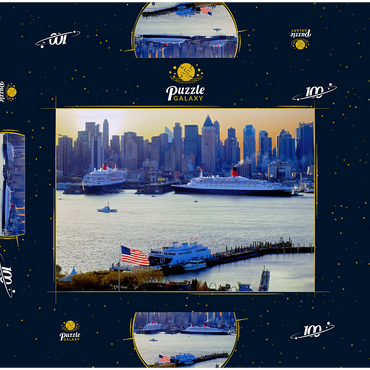 Transatlantikliner Queen Mary 2 und Queen Elizabeth 2 im Hafen am Hudson River, Manhattan, New York City, New York, USA 100 Puzzle Schachtel 3D Modell