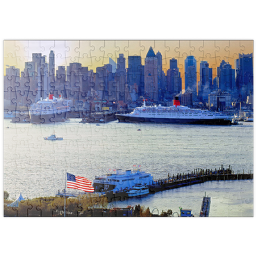 puzzleplate Transatlantikliner Queen Mary 2 und Queen Elizabeth 2 im Hafen am Hudson River, Manhattan, New York City, New York, USA 200 Puzzle