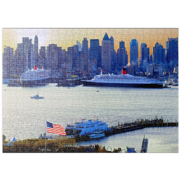 puzzleplate Transatlantikliner Queen Mary 2 und Queen Elizabeth 2 im Hafen am Hudson River, Manhattan, New York City, New York, USA 500 Puzzle