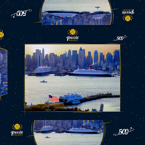Transatlantikliner Queen Mary 2 und Queen Elizabeth 2 im Hafen am Hudson River, Manhattan, New York City, New York, USA 500 Puzzle Schachtel 3D Modell