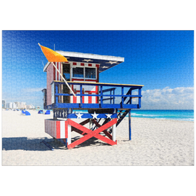 Darstellung des Puzzle-Motivs Rettungsschwimmer Station in US-Nationalfarben, South Beach in Miami Beach, Florida, USA – Puzzleteile: 1000