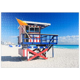 Darstellung des Puzzle Motivs Rettungsschwimmer Station in US-Nationalfarben, South Beach in Miami Beach, Florida, USA - Puzzleteile: 500