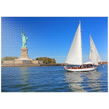 puzzleplate Segelboot mit der Freiheitsstatue, Liberty Island, New York City, New York, USA 1000 Puzzle