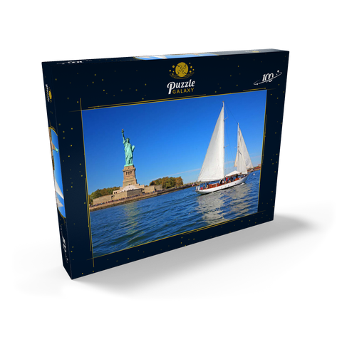 Segelboot mit der Freiheitsstatue, Liberty Island, New York City, New York, USA 100 Puzzle Schachtel Ansicht2