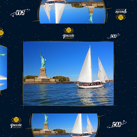 Segelboot mit der Freiheitsstatue, Liberty Island, New York City, New York, USA 500 Puzzle Schachtel 3D Modell