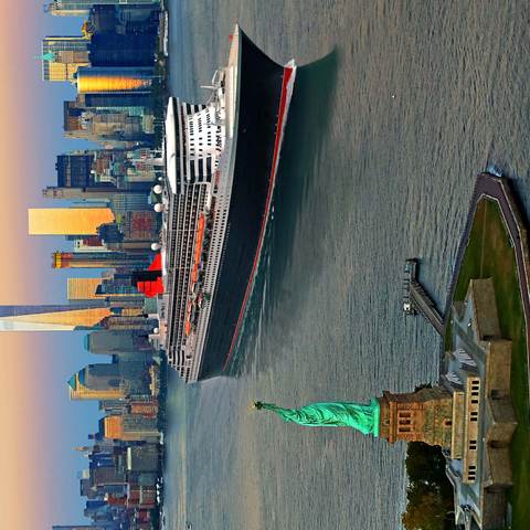 Hafeneinfahrt mit der Freiheitsstatue dem Transatlantikliner Queen Mary 2 und One World Trade Center, Manhattan, New York City, New York, USA, Composing 1000 Puzzle 3D Modell