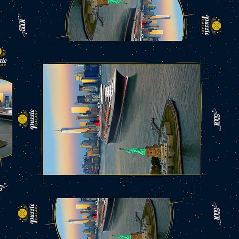 Hafeneinfahrt mit der Freiheitsstatue dem Transatlantikliner Queen Mary 2 und One World Trade Center, Manhattan, New York City, New York, USA, Composing 1000 Puzzle Schachtel 3D Modell