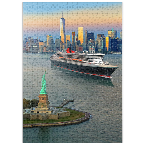 puzzleplate Hafeneinfahrt mit der Freiheitsstatue dem Transatlantikliner Queen Mary 2 und One World Trade Center, Manhattan, New York City, New York, USA, Composing 500 Puzzle
