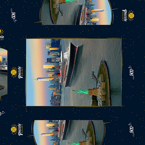 Hafeneinfahrt mit der Freiheitsstatue dem Transatlantikliner Queen Mary 2 und One World Trade Center, Manhattan, New York City, New York, USA, Composing 500 Puzzle Schachtel 3D Modell