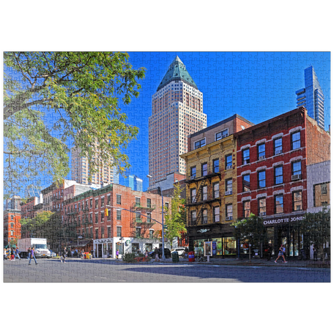 puzzleplate Ninth Avenue mit typischen Häusern mit Feuerleitern in Midtown Manhattan, New York City, New York, USA 1000 Puzzle