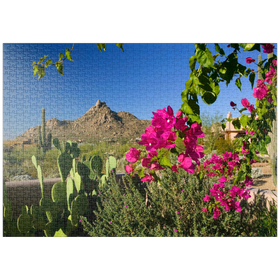 Darstellung des Puzzle-Motivs Bougainvillea und Kaktus vor Pinnacle Peak, Scottsdale, Arizona, USA – Puzzleteile: 1000