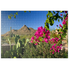 Darstellung des Puzzle-Motivs Bougainvillea und Kaktus vor Pinnacle Peak, Scottsdale, Arizona, USA – Puzzleteile: 500