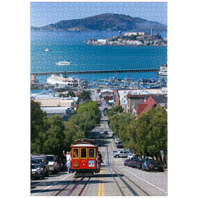 Darstellung des Puzzle Motivs Cable Car mit Fisherman's Wharf und Alcatraz Island, San Francisco, Kalifornien, USA - Puzzleteile: 1000