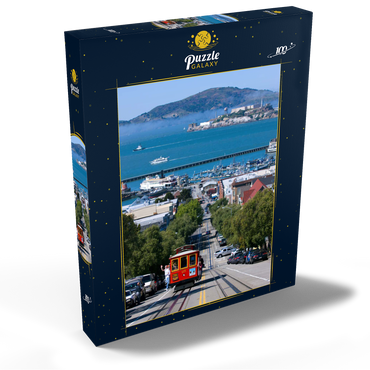 Cable Car mit Fisherman's Wharf und Alcatraz Island, San Francisco, Kalifornien, USA 100 Puzzle Schachtel Ansicht2