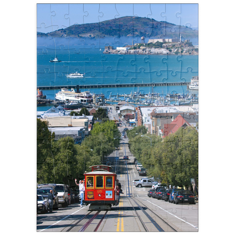 puzzleplate Cable Car mit Fisherman's Wharf und Alcatraz Island, San Francisco, Kalifornien, USA 100 Puzzle