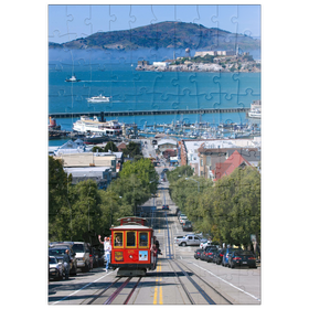 Darstellung des Puzzle Motivs Cable Car mit Fisherman's Wharf und Alcatraz Island, San Francisco, Kalifornien, USA - Puzzleteile: 100