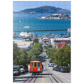 Darstellung des Puzzle-Motivs Cable Car mit Fisherman's Wharf und Alcatraz Island, San Francisco, Kalifornien, USA – Puzzleteile: 200