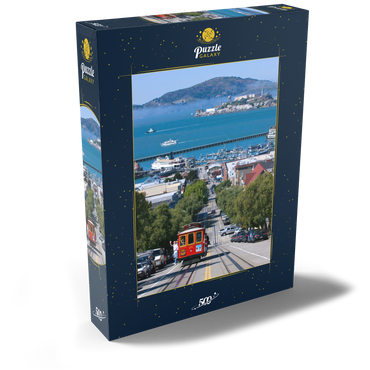 Cable Car mit Fisherman's Wharf und Alcatraz Island, San Francisco, Kalifornien, USA 500 Puzzle Schachtel Ansicht2