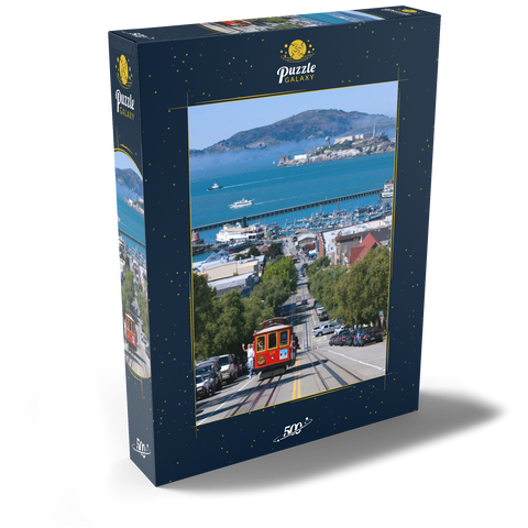 Cable Car mit Fisherman's Wharf und Alcatraz Island, San Francisco, Kalifornien, USA 500 Puzzle Schachtel Ansicht2