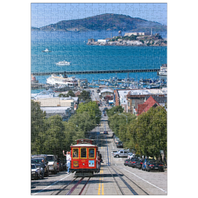 Darstellung des Puzzle-Motivs Cable Car mit Fisherman's Wharf und Alcatraz Island, San Francisco, Kalifornien, USA – Puzzleteile: 500
