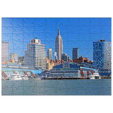 puzzleplate Hudson River mit dem Empire State Building in Midtown Manhattan, New York City, New York, USA 100 Puzzle