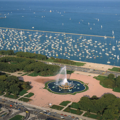 Grant Park mit Buckingham Fountain und Lake Michigan, Chicago, Illinois, USA 100 Puzzle 3D Modell