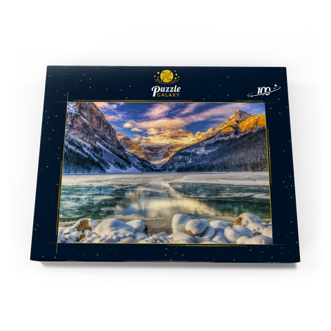 Wintersonnenaufgang über dem malerischen Lago Louse im Banff Nationalpark, Alberta Kanada 100 Puzzle Schachtel Ansicht3