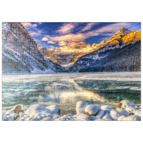 puzzleplate Wintersonnenaufgang über dem malerischen Lago Louse im Banff Nationalpark, Alberta Kanada 100 Puzzle
