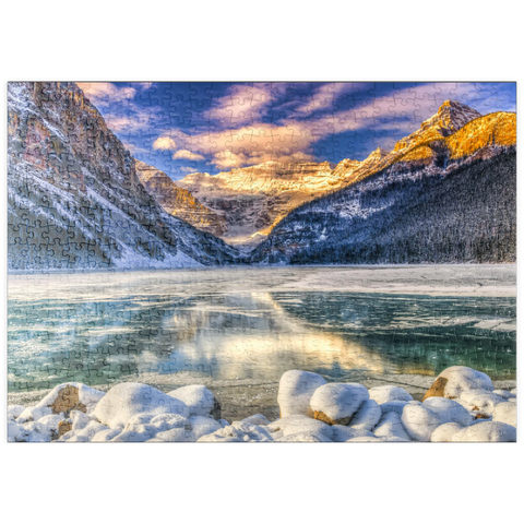 puzzleplate Wintersonnenaufgang über dem malerischen Lago Louse im Banff Nationalpark, Alberta Kanada 500 Puzzle