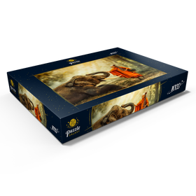 Darstellung des Puzzle Motivs Buddhistischer Mönch begrüßt einen Elefanten im Wald - Puzzleteile: 1000