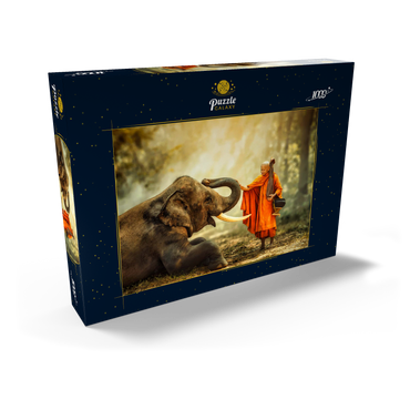 Mönch Wandern mit dem schicken Elefanten im Wald. 1000 Puzzle Schachtel Ansicht2