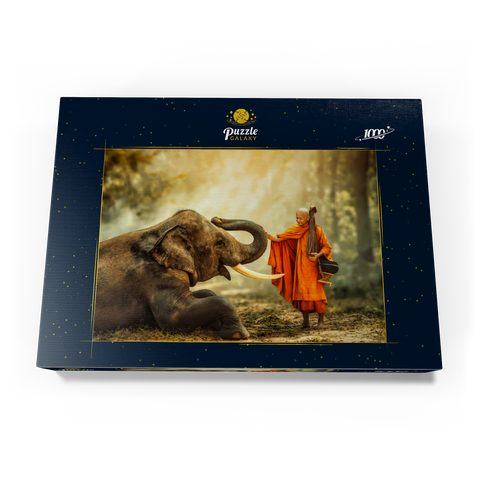 Mönch Wandern mit dem schicken Elefanten im Wald. 1000 Puzzle Schachtel Ansicht3