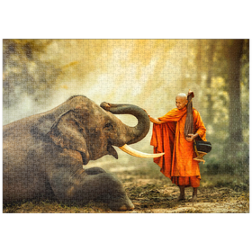 Darstellung des Puzzle-Motivs Buddhistischer Mönch begrüßt einen Elefanten im Wald – Puzzleteile: 1000