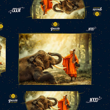 Mönch Wandern mit dem schicken Elefanten im Wald. 1000 Puzzle Schachtel 3D Modell