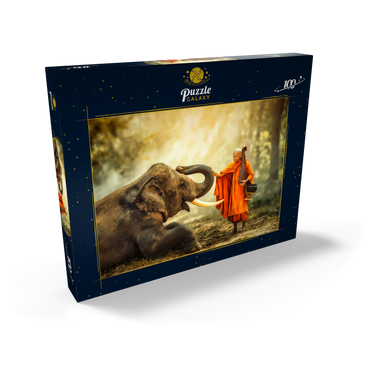Mönch Wandern mit dem schicken Elefanten im Wald. 100 Puzzle Schachtel Ansicht2