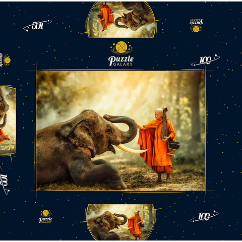 Mönch Wandern mit dem schicken Elefanten im Wald. 100 Puzzle Schachtel 3D Modell