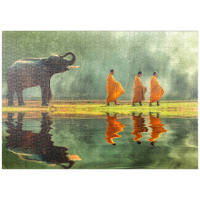 Darstellung des Puzzle-Motivs Junger Elefanten mit drei Buddhistischen Mönchen – Puzzleteile: 1000