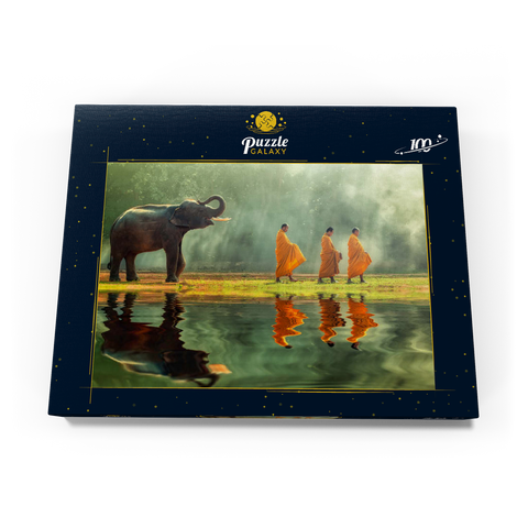 Junge Elefanten mit Mönchsalmen rund 100 Puzzle Schachtel Ansicht3