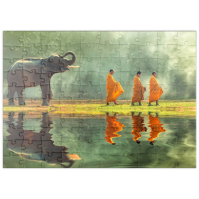 Darstellung des Puzzle Motivs Junger Elefanten mit drei Buddhistischen Mönchen - Puzzleteile: 100