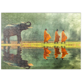 Darstellung des Puzzle Motivs Junger Elefanten mit drei Buddhistischen Mönchen - Puzzleteile: 200