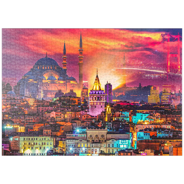 puzzleplate Skyline von Istanbul, Galata-Turm, Süleymaniye-Moschee (Osmanische Kaisermoschee) und Bosporus-Brücke 15. Juli Märtyrer-Brücke (15 Temmuz Sehitler Koprusu), Istanbul / Türkei. 1000 Puzzle