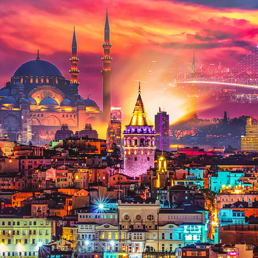 Skyline von Istanbul, Galata-Turm, Süleymaniye-Moschee (Osmanische Kaisermoschee) und Bosporus-Brücke 15. Juli Märtyrer-Brücke (15 Temmuz Sehitler Koprusu), Istanbul / Türkei. 1000 Puzzle 3D Modell