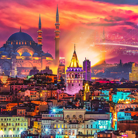 Skyline von Istanbul, Galata-Turm, Süleymaniye-Moschee (Osmanische Kaisermoschee) und Bosporus-Brücke "15. Juli Märtyrer-Brücke" (15 Temmuz Sehitler Koprusu), Istanbul / Türkei. 1000 Puzzle 3D Modell