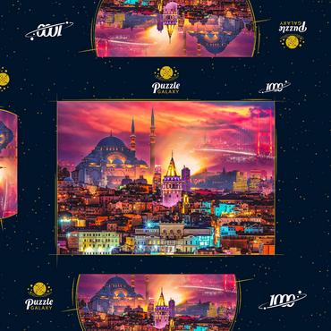 Skyline von Istanbul, Galata-Turm, Süleymaniye-Moschee (Osmanische Kaisermoschee) und Bosporus-Brücke 15. Juli Märtyrer-Brücke (15 Temmuz Sehitler Koprusu), Istanbul / Türkei. 1000 Puzzle Schachtel 3D Modell