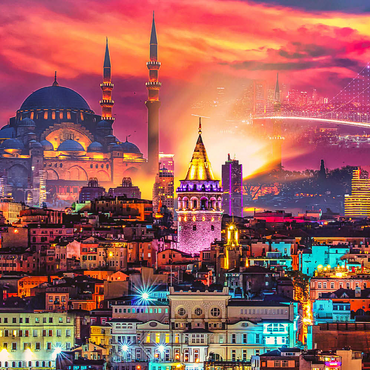 Skyline von Istanbul, Galata-Turm, Süleymaniye-Moschee (Osmanische Kaisermoschee) und Bosporus-Brücke 15. Juli Märtyrer-Brücke (15 Temmuz Sehitler Koprusu), Istanbul / Türkei. 100 Puzzle 3D Modell