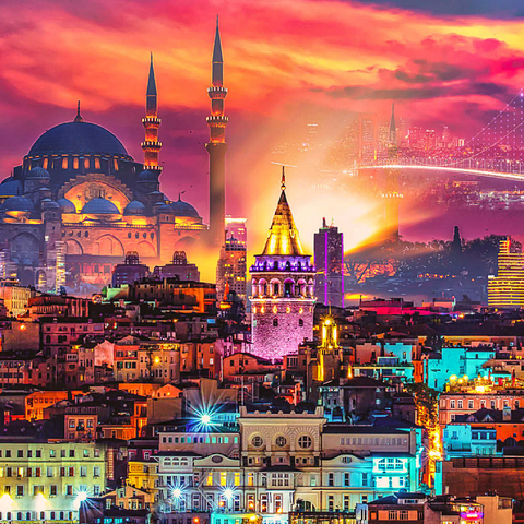Skyline von Istanbul, Galata-Turm, Süleymaniye-Moschee (Osmanische Kaisermoschee) und Bosporus-Brücke "15. Juli Märtyrer-Brücke" (15 Temmuz Sehitler Koprusu), Istanbul / Türkei. 100 Puzzle 3D Modell