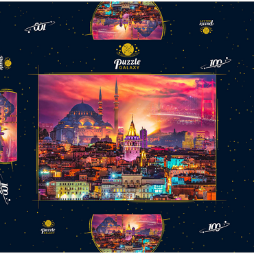 Skyline von Istanbul, Galata-Turm, Süleymaniye-Moschee (Osmanische Kaisermoschee) und Bosporus-Brücke 15. Juli Märtyrer-Brücke (15 Temmuz Sehitler Koprusu), Istanbul / Türkei. 100 Puzzle Schachtel 3D Modell